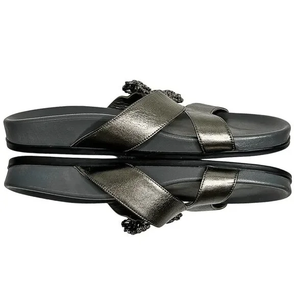 Manolo Blahnik Chilanghi Satin Jewel Buckle Flat Mules Silver EU 39 Slip On